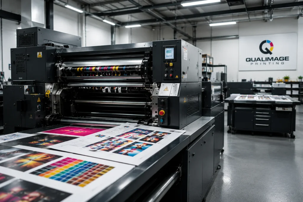 Industrial print press in action
