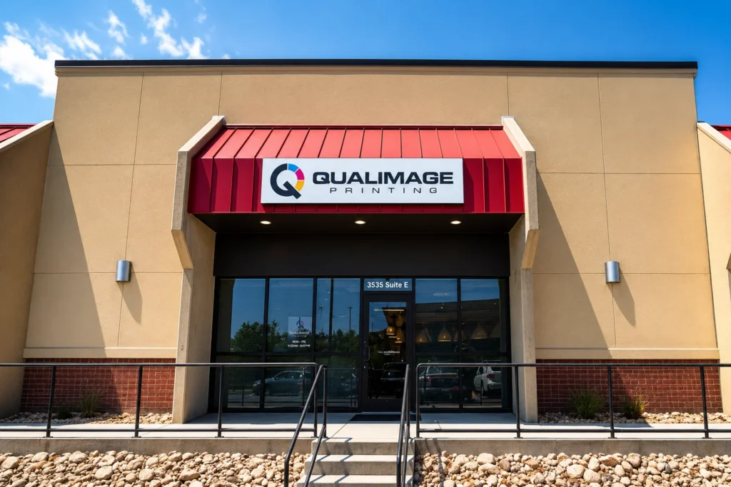 QUALIMAGE printing storefront under bright sky